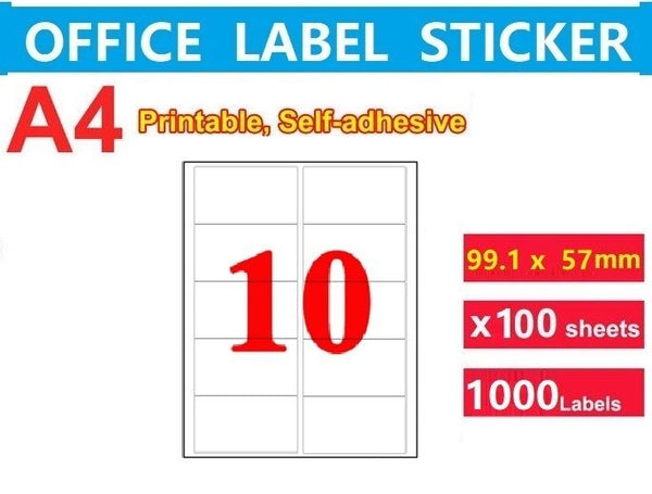 100x A4 Self Adhesive Address Labels Laser Inkjet Print Stickers - 10 label/page