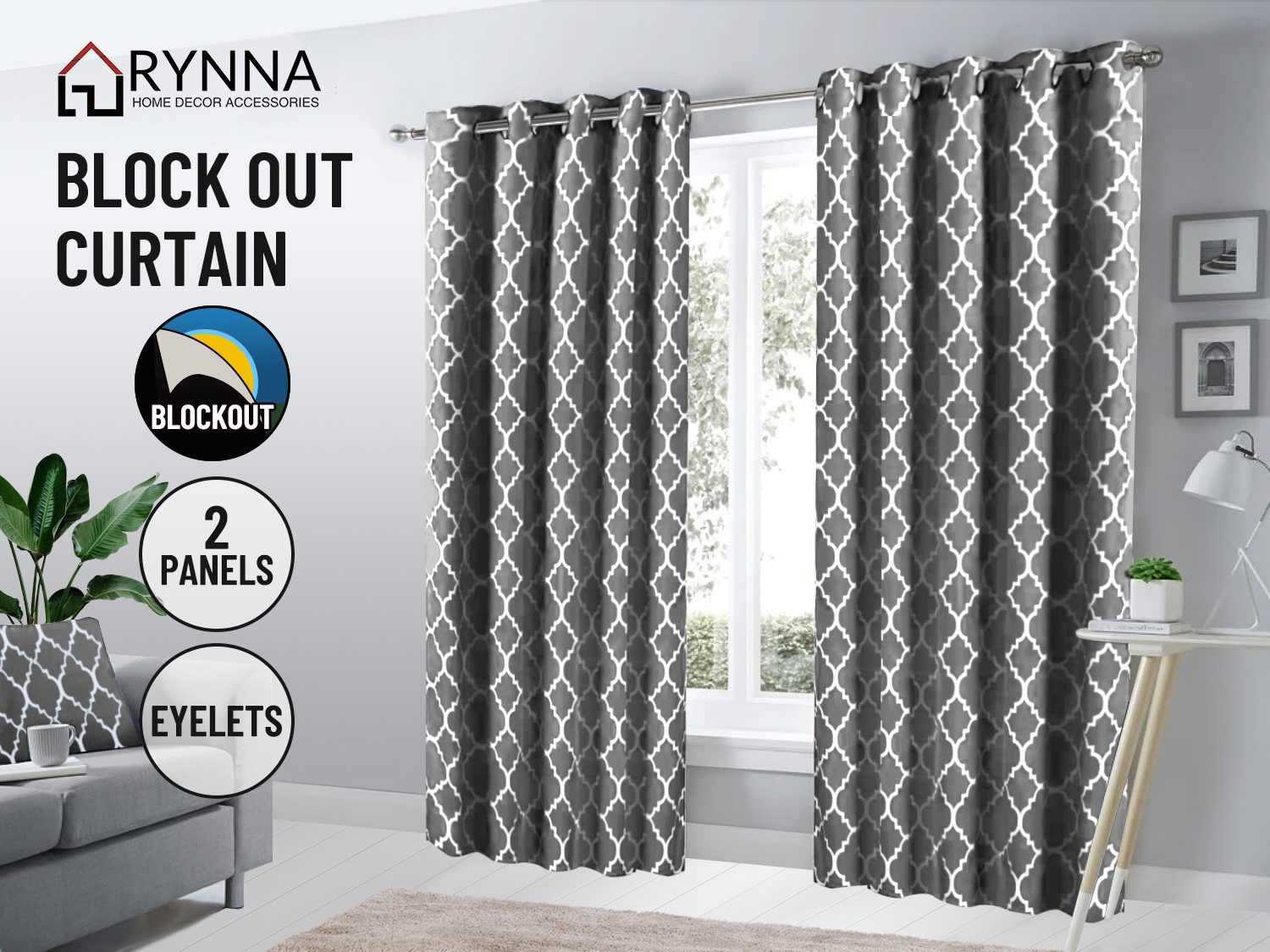 Lined Eyelet Blockout Window Curtain Panel Grey main image 1