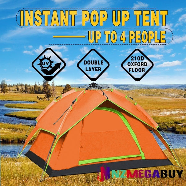 4 Person Double Layer Instant Pop Up Large Camping Tent Waterproof Outdoor *Orange