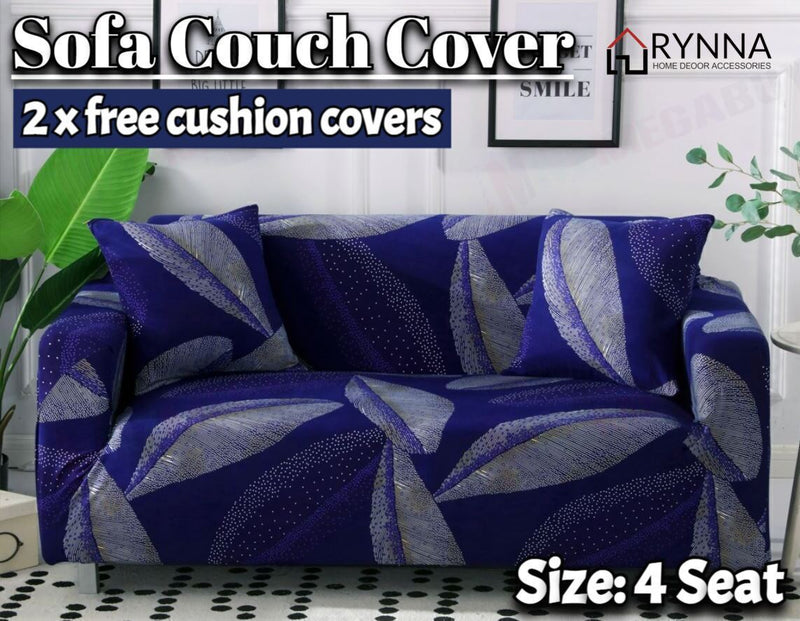 Stretch Sofa Cover Loung Couch Removable Slipcover 1/2/3/4Seater+1 Cushion Cover * Blue Feather *4 Sizes