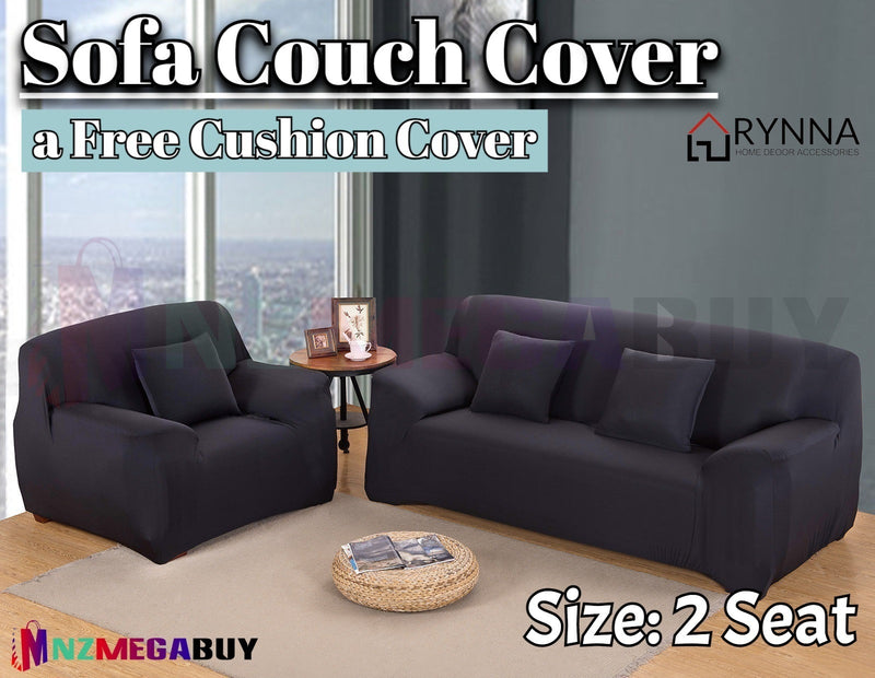 Stretch Sofa Cover Loung Couch Removable Slipcover 1/2/3/4Seater+1 Cushion Cover *Black *4 Sizes