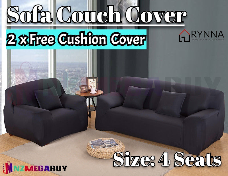 Stretch Sofa Cover Loung Couch Removable Slipcover 1/2/3/4Seater+1 Cushion Cover *Black *4 Sizes