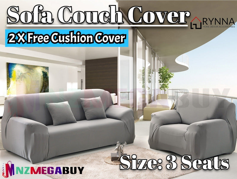 Stretch Sofa Cover Loung Couch Removable Slipcover 1/2/3/4Seater+1 Cushion Cover *Grey *4 Sizes