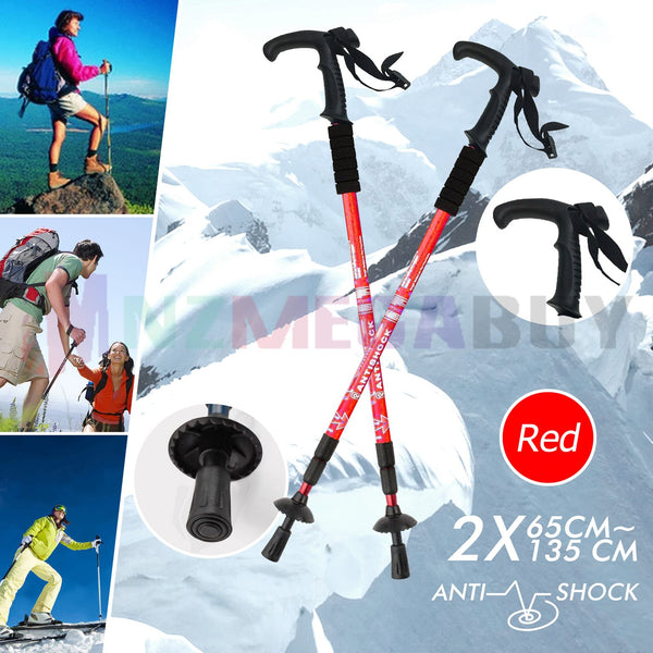 2 x Hiking Trekking Poles Walking Stick Anti Shock Adjustable Camping * Red