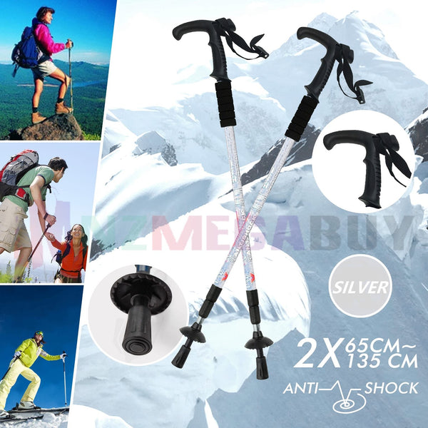 2 x Hiking Trekking Poles Walking Stick Anti Shock Adjustable Camping * Silver