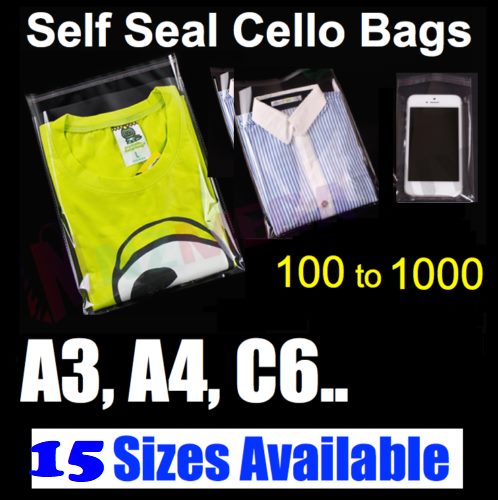 100 Cello Bags Cellophane Clear Resealable Plastic Self Seal Adhesive *15 Sizes