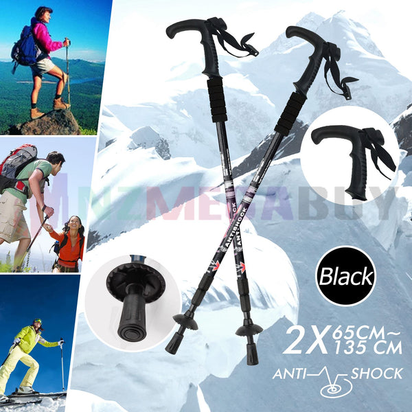 2 x Hiking Trekking Poles Walking Stick Anti Shock Adjustable Camping * Black