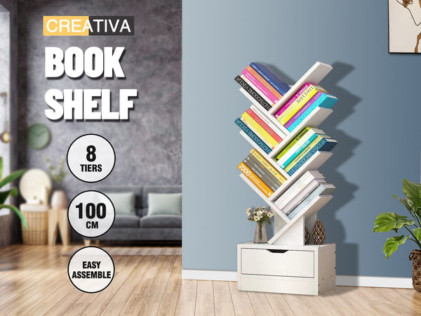 Display Shelf Bookshelf 8 -Shelf Tree Book Storage Rack Bookcase white
