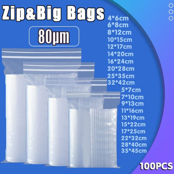 100pc Resealable Zip Bags PE Clear bags * 12 Sizes