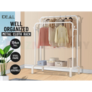 nzmegabuy white metal double clothes rack with hanging rails, side hooks, and a bottom shelf for storage.