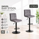 nzmegabuy set of two grey velvet bar stools with swivel seats, adjustable gas lift, and black metal pedestal bases.