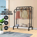nzmegabuy black metal double clothes rack with hanging rails, side hooks, and a bottom shelf for storage