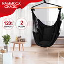 nzmegabuy black hanging hammock chair with timber rail and two cushions for indoor or outdoor patio use