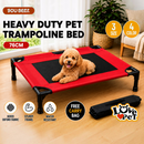 nzmegabuy red elevated dog trampoline bed with black steel frame and breathable mesh fabric, featuring a cute poodle