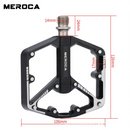 nzmegabuy black aluminum alloy MTB bicycle pedals with non-slip pegs and reflective details, showing dimensions.