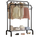 nzmegabuy black metal double clothes rack with hanging rails, side hooks, and a bottom shelf for storage