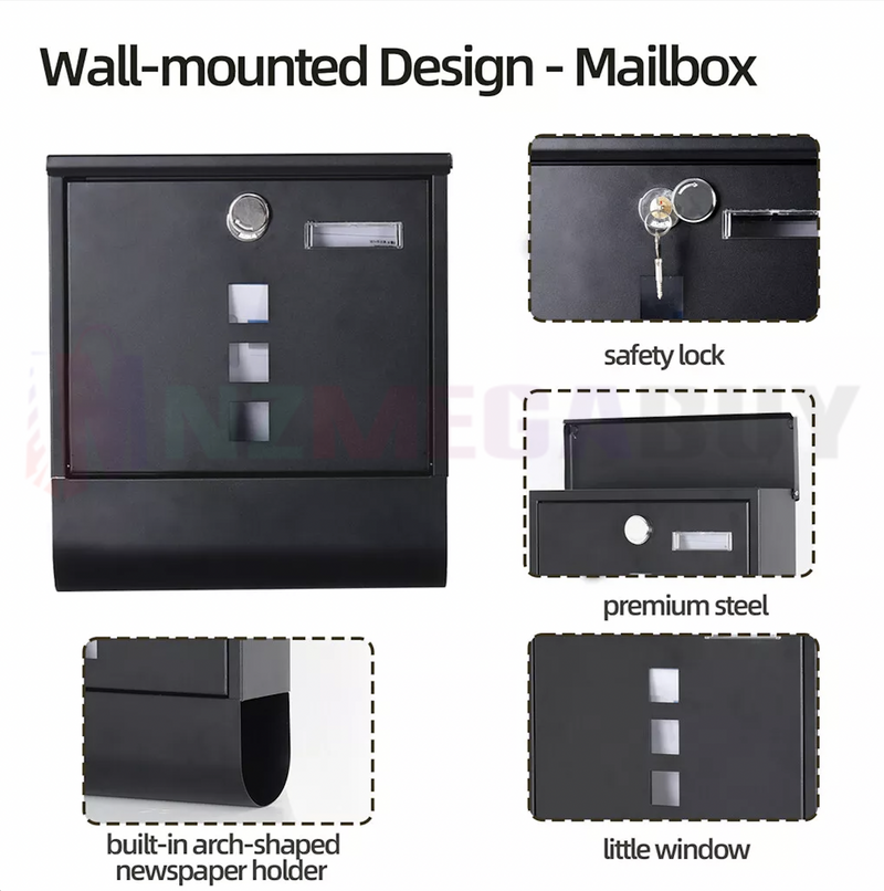 Mailbox Wall-Mounted Letter box w/ Paper Holder & Key Lock