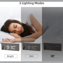 nzmegabuy digital LED mirror alarm clock showing three brightness modes for night use on a bedside table