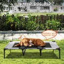 nzmegabuy grey heavy duty elevated dog bed with steel frame and breathable mesh, set up on a sunny garden lawn