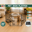 nzmegabuy 6-panel black powder-coated steel dog playpen with a cat and puppy inside, set up in a living room.