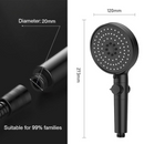 nzmegabuy black handheld shower head with 82 silicone nozzles, stop button, and 20mm universal connection dimensions.