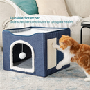 nzmegabuy blue foldable cat house with a side sisal scratching board and a ginger cat playing with the plush toy