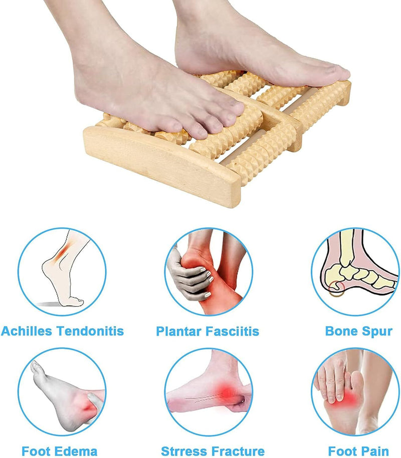 LARGE Wooden Foot Pain Massager 5 Roller Care Reflexology Relax Stress Relief