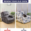 nzmegabuy floral stretch recliner chair cover showing before and after transformation with a dog sitting on the sofa