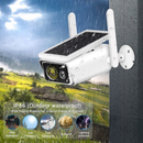 nzmegabuy solar WiFi security camera with IP66 waterproof rating, mounted outdoors in the rain for home surveillance.