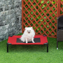 nzmegabuy red elevated dog bed with a white Pomeranian sitting on it in a garden setting