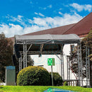 nzmegabuy heavy-duty silver and dark-green polyethylene tarpaulin covering an outdoor stage structure in a park