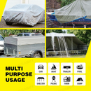 nzmegabuy heavy-duty 160gsm waterproof tarpaulin covering a car, boat, trailer, and outdoor shelter