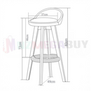nzmegabuy technical line drawing of a mid-century modern bentwood swivel bar stool with dimensions and jute footrest