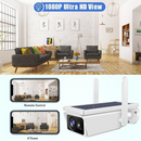 nzmegabuy solar WiFi security camera with 1080P HD view, showing remote smartphone monitoring and outdoor design.