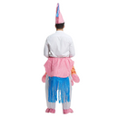 nzmegabuy inflatable unicorn costume worn from behind, featuring a pink horn, blue mane, and white polyester body.