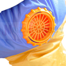 nzmegabuy inflatable unicorn costume showing the integrated orange battery-powered fan unit on blue polyester fabric