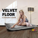 nzmegabuy LAZY BEAN grey velvet floor cushion cover, 135x105cm, shown with a woman sitting on it in a living room.
