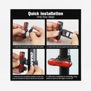 nzmegabuy USB rechargeable LED bike tail light installation guide showing four steps with silicone strap mounting
