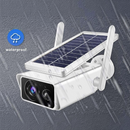 nzmegabuy white solar WiFi security camera with integrated solar panel and dual antennas in rainy weather