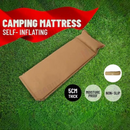 nzmegabuy beige self-inflating single camping mat with built-in pillow on green grass, 5cm thick and moisture-proof.