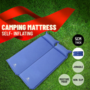 nzmegabuy blue self-inflating camping mat with built-in pillow, 5cm thick, shown on grass with joinable design