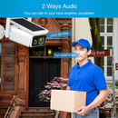 nzmegabuy solar WiFi security camera with 2-way audio, featuring a white outdoor camera and a courier delivering a box