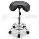 nzmegabuy adjustable salon stool with a black PU leather saddle seat, hydraulic lift, and chrome base with castors.