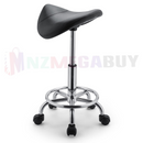 nzmegabuy adjustable black PU leather saddle stool with a chrome base, hydraulic lift, and rolling castor wheels.