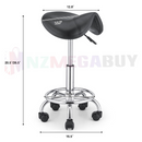 nzmegabuy adjustable black PU leather saddle stool with chrome base, hydraulic lift, and castor wheels with dimensions