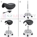 nzmegabuy adjustable black PU leather saddle stool with hydraulic lift, chrome base, and castor wheels assembly guide