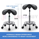 nzmegabuy adjustable black PU leather saddle stool with hydraulic lift and chrome base showing height dimensions