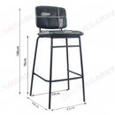 nzmegabuy black PU leather bar stool with L-shaped seat, powder-coated metal frame, and detailed dimension labels.
