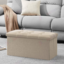 nzmegabuy beige fabric foldable storage ottoman bench with button-tufted top and double stitching in a living room