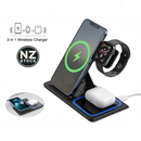 nzmegabuy black 3-in-1 wireless charging station for iPhone, Apple Watch, and AirPods on a desk